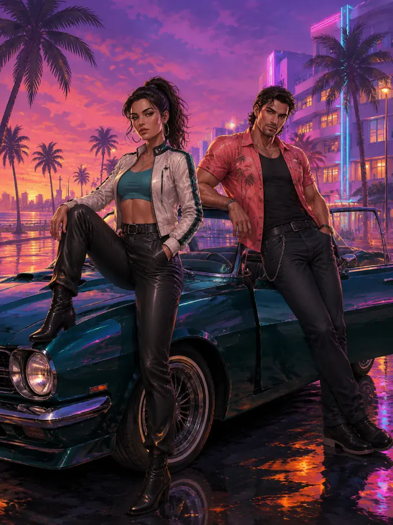 Face Swap - Neon Coastal Crime Duo Poster - AI result