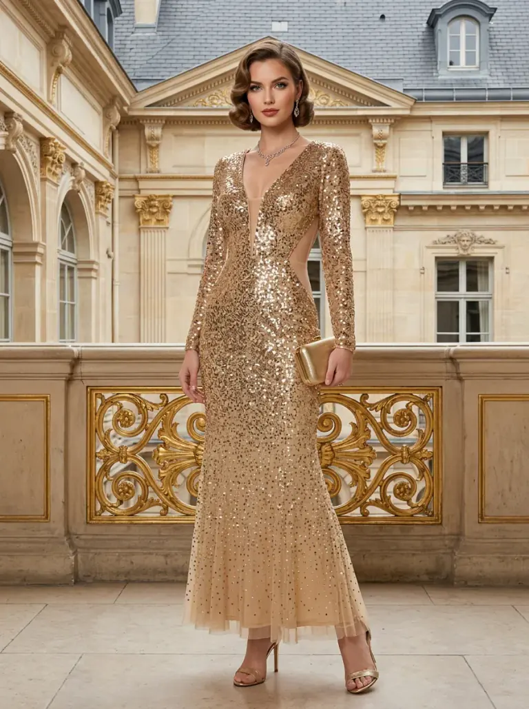 Outfit Change - Gold Sequin Evening Gown - AI result